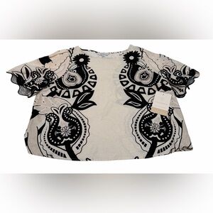 Anthropologie Calligraphie Women’s Linen Top Beige Black Flowers S NWT